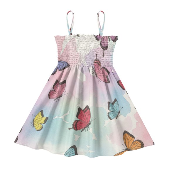 DALAWU Lightweight Butterflies Colorful Butterfly Smocked Sundress Adjustable Strap Flowy A-Line Summer Dress