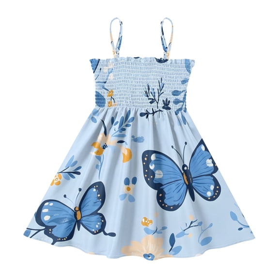 DALAWU Lightweight Butterflys Flowers Pattern Smocked Sundress Adjustable Strap Flowy A-Line Summer Dress