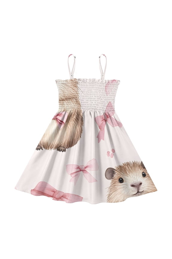 Lightweight Capybara Bow Pattern Smocked Sundress Adjustable Strap Flowy A-Line Summer Dress