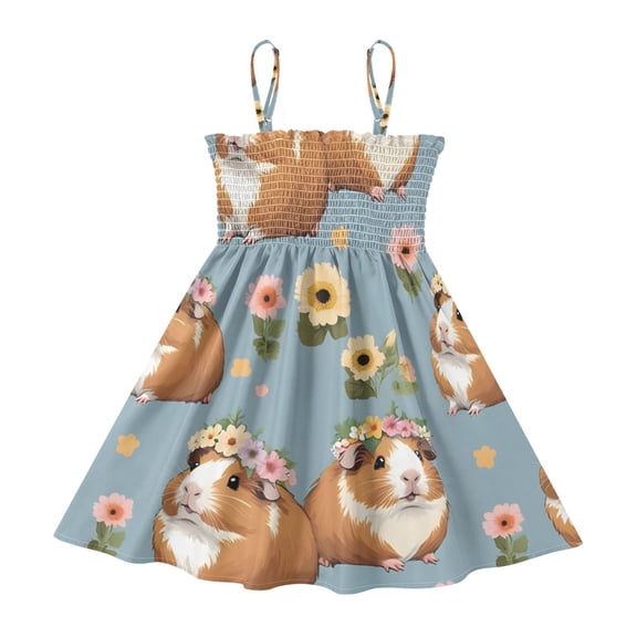 DALAWU Lightweight Capybara Flower Pattern Smocked Sundress Adjustable Strap Flowy A-Line Summer Dress