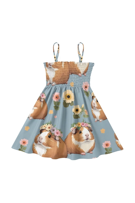 Lightweight Capybara Flower Pattern Smocked Sundress Adjustable Strap Flowy A-Line Summer Dress