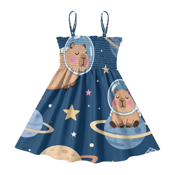 DALAWU Lightweight Capybara Space Pattern Smocked Sundress Adjustable Strap Flowy A-Line Summer Dress