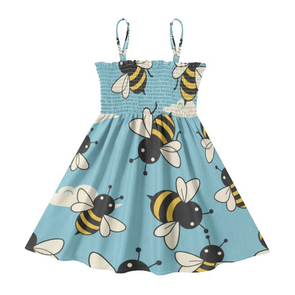 DALAWU Lightweight Cartoon Bees Blue Smocked Sundress Adjustable Strap Flowy A-Line Summer Dress