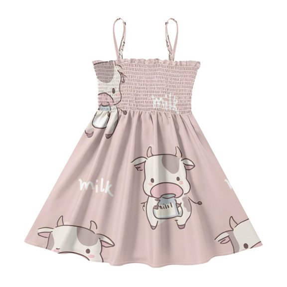DALAWU Lightweight Cartoon Cow Pattern Smocked Sundress Adjustable Strap Flowy A-Line Summer Dress