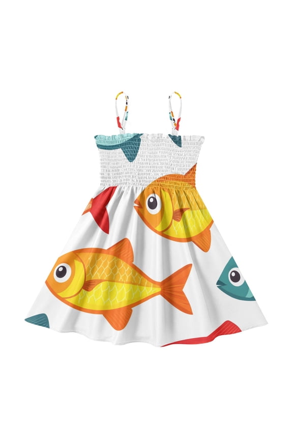 Lightweight Cartoon Fish Pattern Smocked Sundress Adjustable Strap Flowy A-Line Summer Dress