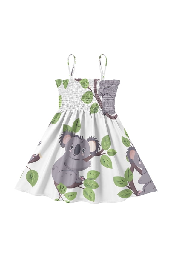 Lightweight Cartoon Little Koalas Smocked Sundress Adjustable Strap Flowy A-Line Summer Dress