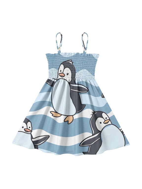 Lightweight Cartoon Penguin Dancing Smocked Sundress Adjustable Strap Flowy A-Line Summer Dress