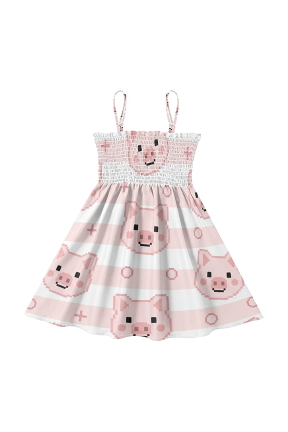 Lightweight Cartoon Pig Smocked Sundress Adjustable Strap Flowy A-Line Summer Dress