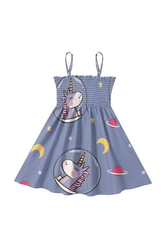 Lightweight Cartoon Unicorn Pattern Smocked Sundress Adjustable Strap Flowy A-Line Summer Dress