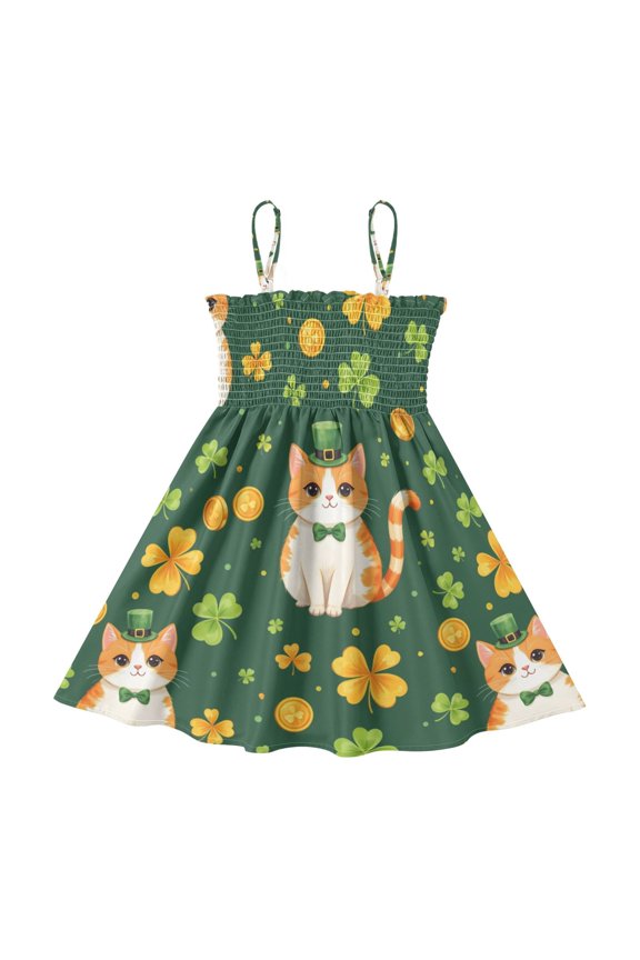 Lightweight Cat and Clover Pattern Smocked Sundress Adjustable Strap Flowy A-Line Summer Dress