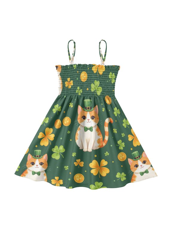 Lightweight Cat and Clover Pattern Smocked Sundress Adjustable Strap Flowy A-Line Summer Dress
