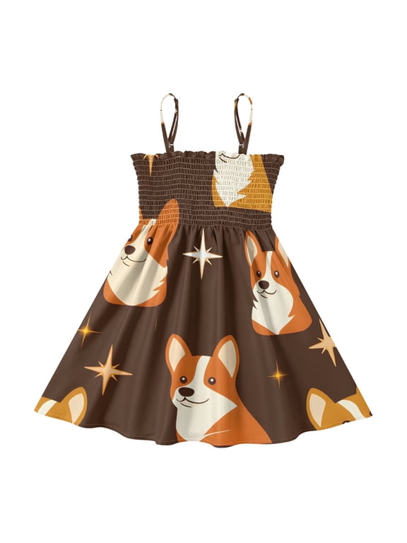 Lightweight Celestial Corgi Pattern Smocked Sundress Adjustable Strap Flowy A-Line Summer Dress