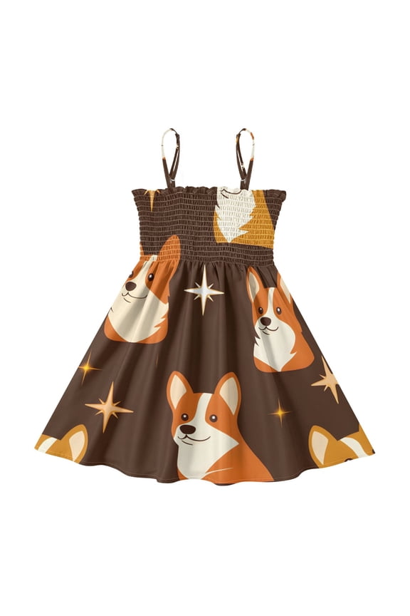 Lightweight Celestial Corgi Pattern Smocked Sundress Adjustable Strap Flowy A-Line Summer Dress