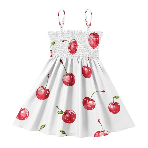DALAWU Lightweight Cherry Fruit Pattern Smocked Sundress Adjustable Strap Flowy A-Line Summer Dress