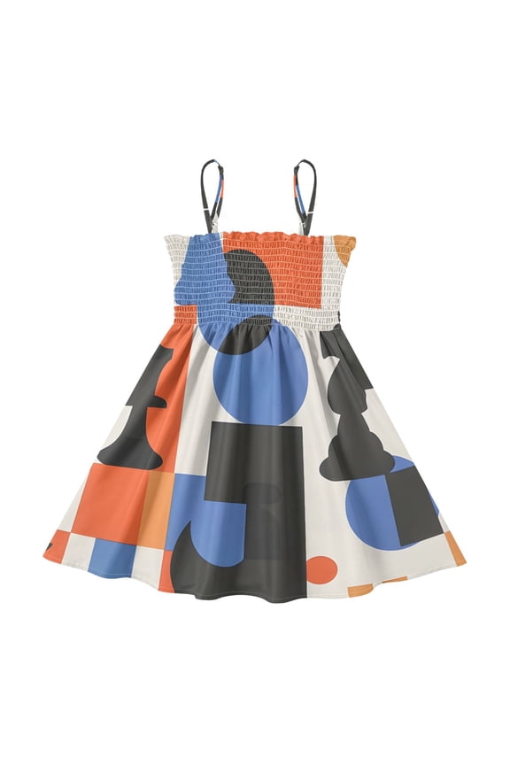 Lightweight Chess Geometric Patterns Pattern Smocked Sundress Adjustable Strap Flowy A-Line Summer Dress