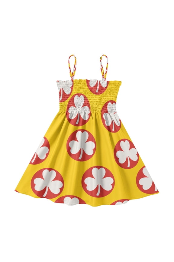 Lightweight Clover in Red Circle Pattern Smocked Sundress Adjustable Strap Flowy A-Line Summer Dress