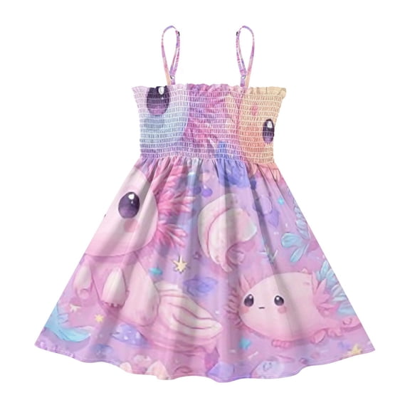 DALAWU Lightweight Colored Cute Fish Smocked Sundress Adjustable Strap Flowy A-Line Summer Dress