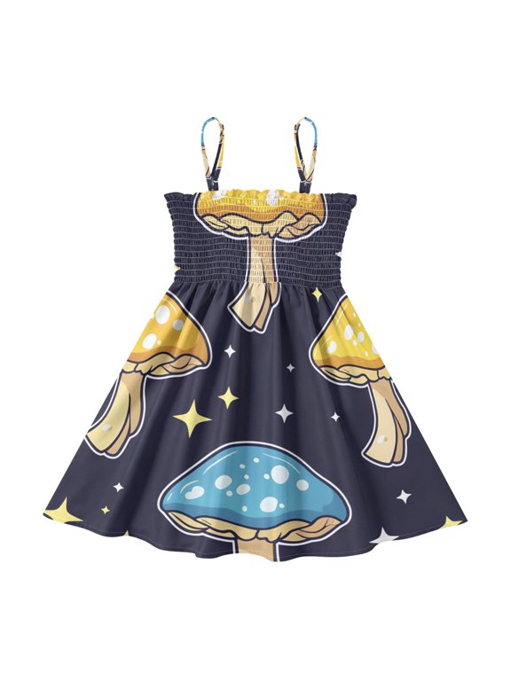 Lightweight Colorful Mushroom Star Pattern Smocked Sundress Adjustable Strap Flowy A-Line Summer Dress