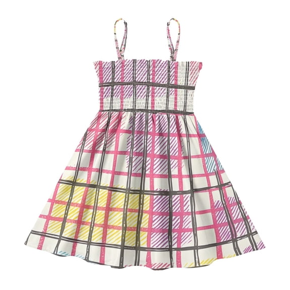 DALAWU Lightweight Colorful Sketch Plaid Pattern Smocked Sundress Adjustable Strap Flowy A-Line Summer Dress