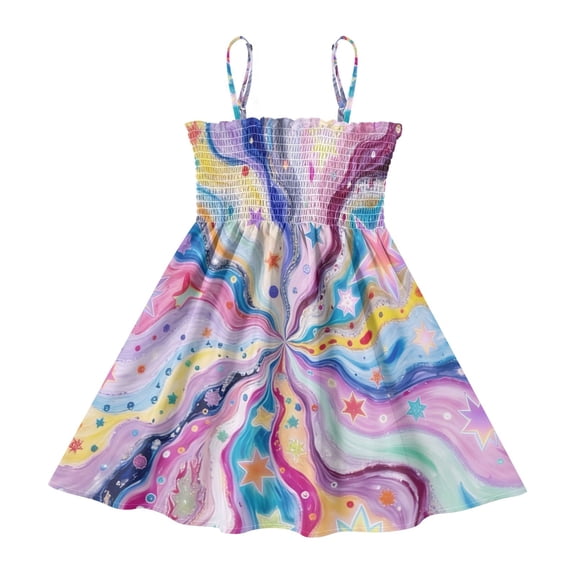 DALAWU Lightweight Colorful Star Smocked Sundress Adjustable Strap Flowy A-Line Summer Dress
