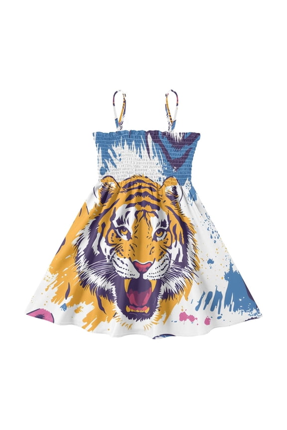 Lightweight Colorful Tiger Pattern Smocked Sundress Adjustable Strap Flowy A-Line Summer Dress