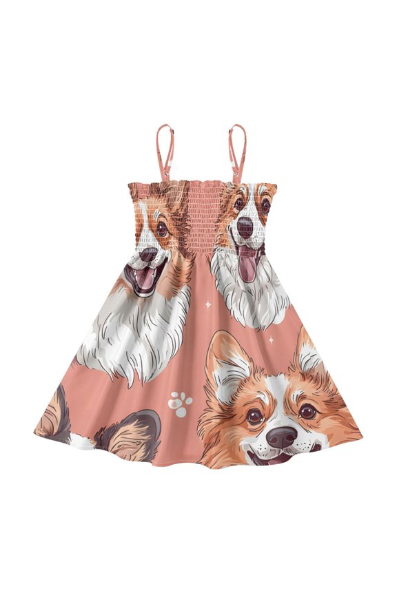 Lightweight Corgi Charm Pattern Smocked Sundress Adjustable Strap Flowy A-Line Summer Dress