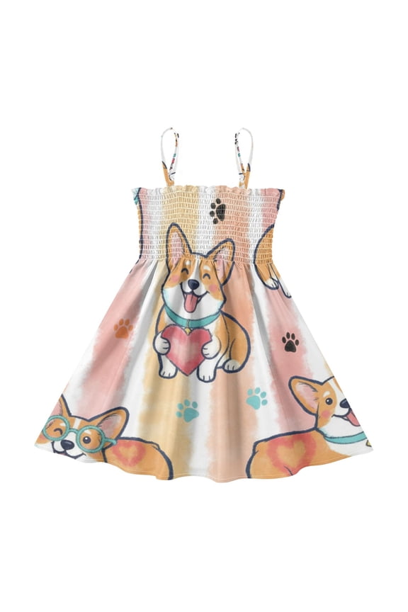 Lightweight Corgi Dog Paws Smocked Sundress Adjustable Strap Flowy A-Line Summer Dress