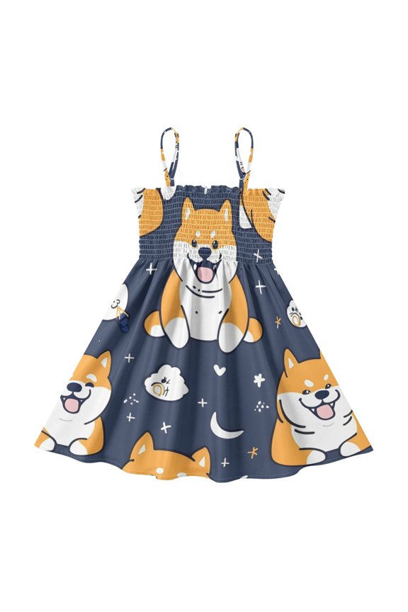 Lightweight Corgi Smocked Sundress Adjustable Strap Flowy A-Line Summer Dress