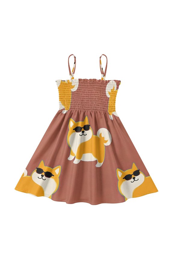 Lightweight Corgi Sungalsses Pattern Smocked Sundress Adjustable Strap Flowy A-Line Summer Dress