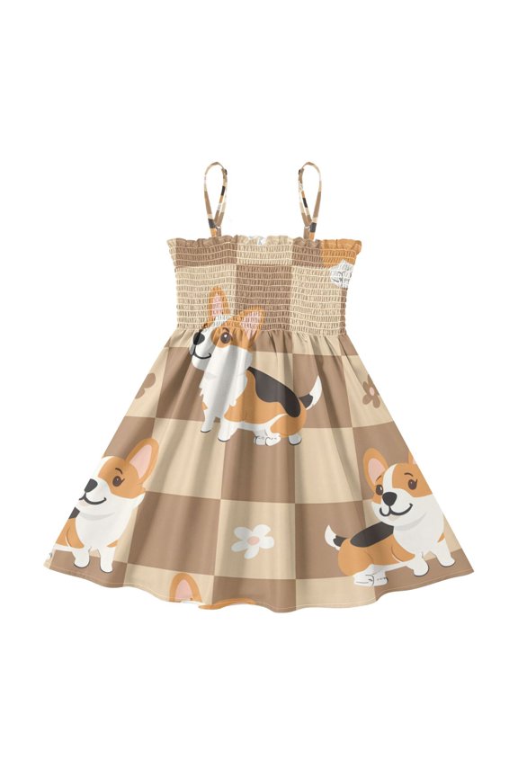Lightweight Corgi and Checked Smocked Sundress Adjustable Strap Flowy A-Line Summer Dress