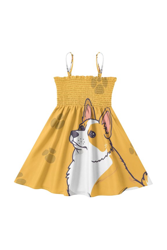 Lightweight Corgis Smocked Sundress Adjustable Strap Flowy A-Line Summer Dress