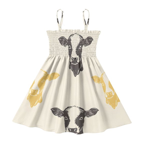 DALAWU Lightweight Cow Head Multicolor Pattern Smocked Sundress Adjustable Strap Flowy A-Line Summer Dress