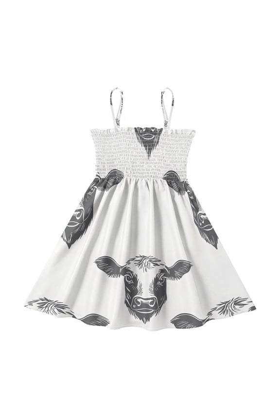 Lightweight Cow Head Sketch Pattern Smocked Sundress Adjustable Strap Flowy A-Line Summer Dress