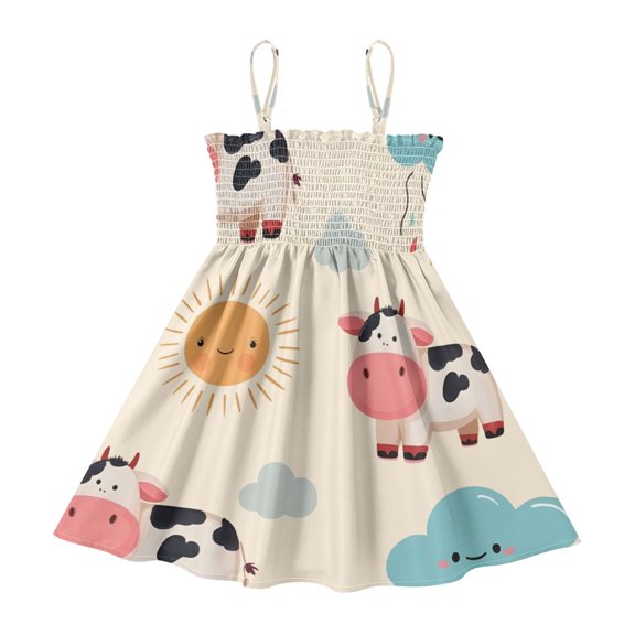 DALAWU Lightweight Cow Sun Pattern Smocked Sundress Adjustable Strap Flowy A-Line Summer Dress