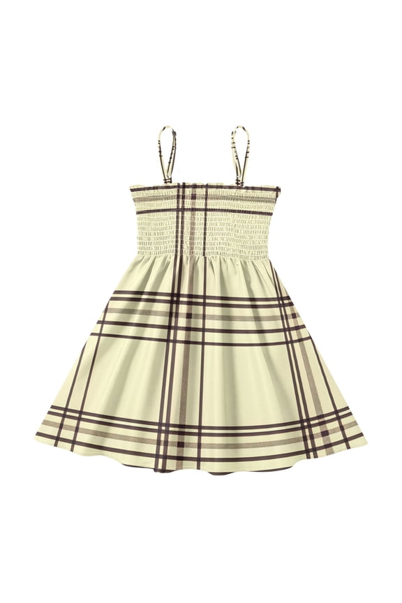 Lightweight Cream Brown Plaid Pattern Smocked Sundress Adjustable Strap Flowy A-Line Summer Dress