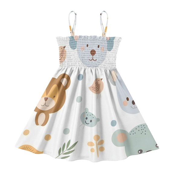 DALAWU Lightweight Cute Amimals Smocked Sundress Adjustable Strap Flowy A-Line Summer Dress