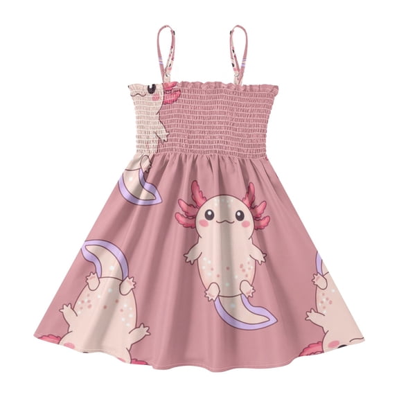 DALAWU Lightweight Cute Axolotls Smocked Sundress Adjustable Strap Flowy A-Line Summer Dress