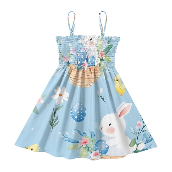 DALAWU Lightweight Cute Bunny Easter Egg Pattern Smocked Sundress Adjustable Strap Flowy A-Line Summer Dress