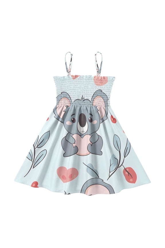Lightweight Cute Cartoon Koala Smocked Sundress Adjustable Strap Flowy A-Line Summer Dress