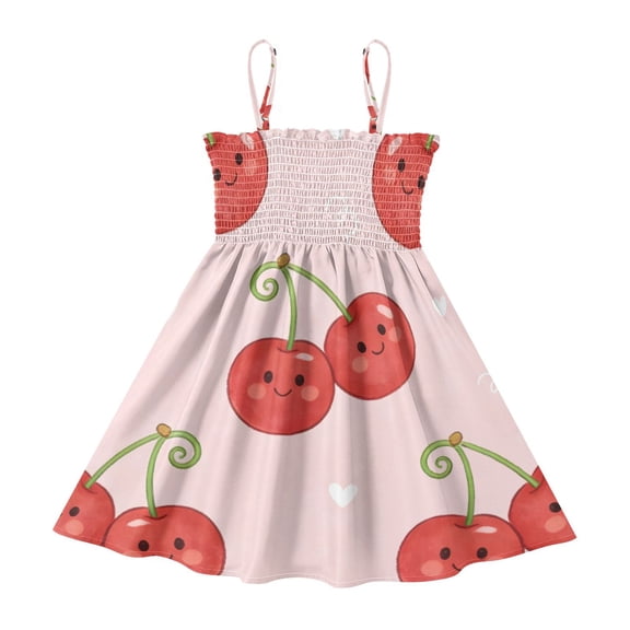 DALAWU Lightweight Cute Cherry Smocked Sundress Adjustable Strap Flowy A-Line Summer Dress