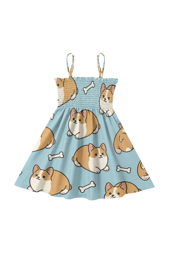 Lightweight Cute Corgi Butt Smocked Sundress Adjustable Strap Flowy A-Line Summer Dress