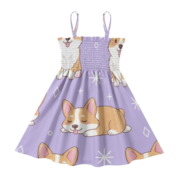 DALAWU Lightweight Cute Corgi Purple Smocked Sundress Adjustable Strap Flowy A-Line Summer Dress
