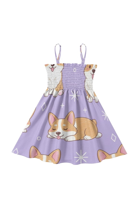 Lightweight Cute Corgi Purple Smocked Sundress Adjustable Strap Flowy A-Line Summer Dress