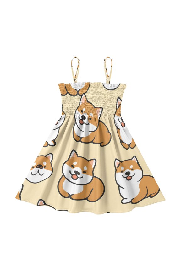 Lightweight Cute Corgi Smocked Sundress Adjustable Strap Flowy A-Line Summer Dress