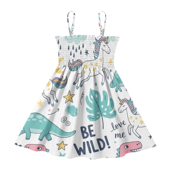 DALAWU Lightweight Cute Dinosaur and Unicorn Smocked Sundress Adjustable Strap Flowy A-Line Summer Dress