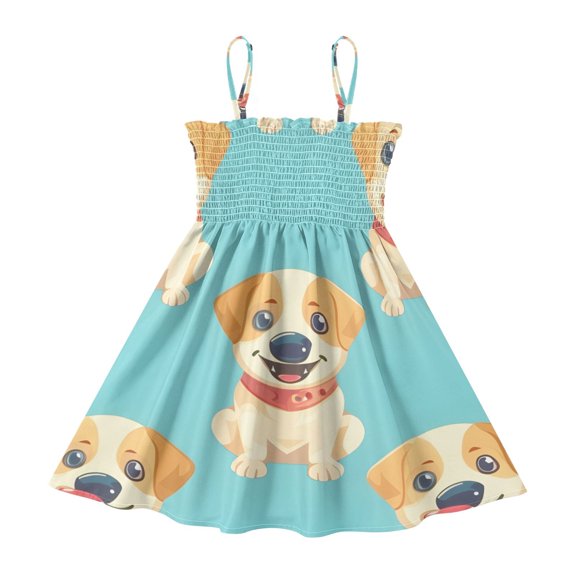 DALAWU Lightweight Cute Dog Smocked Sundress Adjustable Strap Flowy A-Line Summer Dress