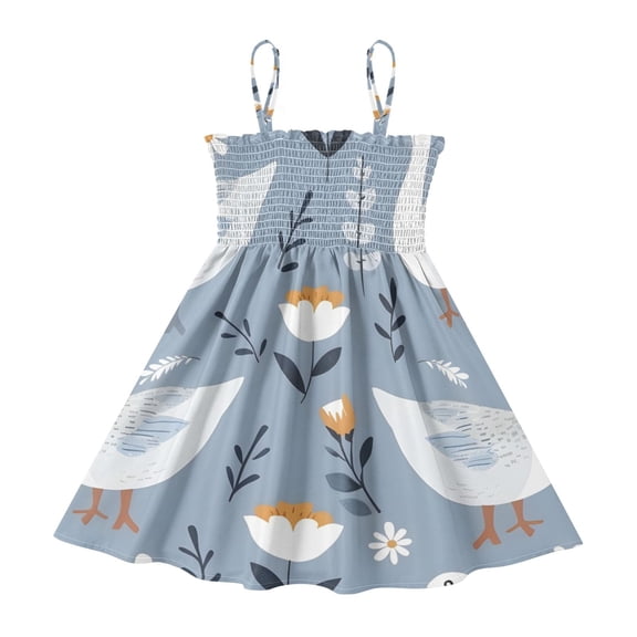 DALAWU Lightweight Cute Duck and Little Flower Smocked Sundress Adjustable Strap Flowy A-Line Summer Dress