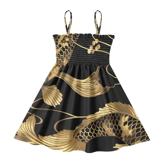 DALAWU Lightweight Cute Fish Smocked Sundress Adjustable Strap Flowy A-Line Summer Dress