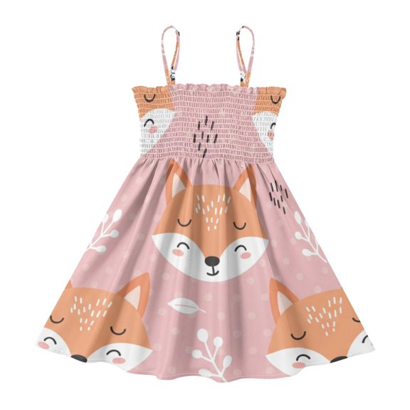 DALAWU Lightweight Cute Fox Smocked Sundress Adjustable Strap Flowy A-Line Summer Dress