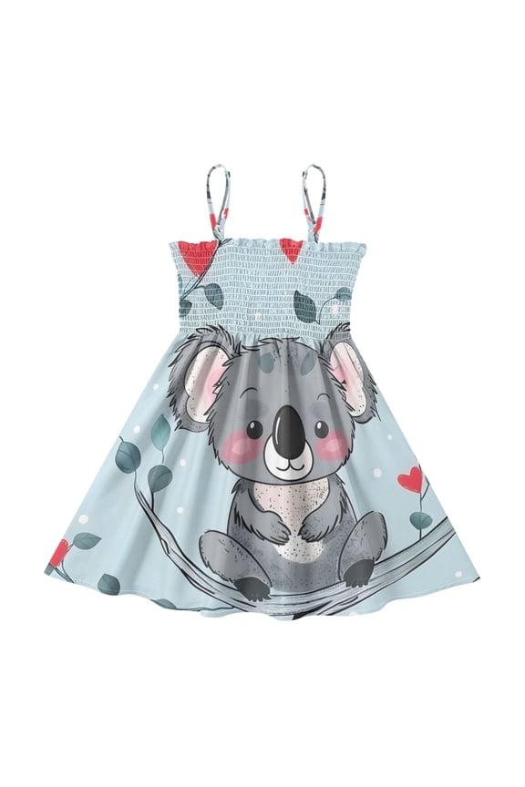Lightweight Cute Koala Smocked Sundress Adjustable Strap Flowy A-Line Summer Dress